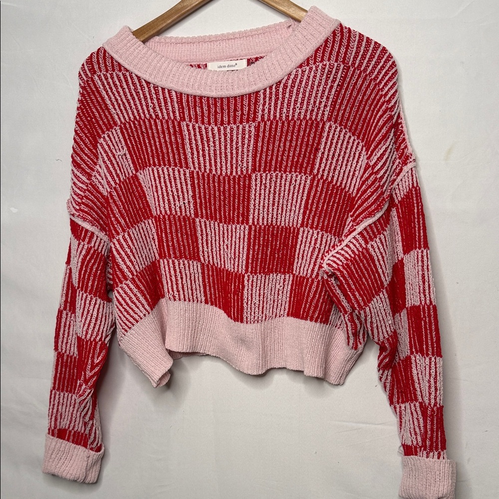 idem Ditto checkered chenille knitted long sleeve cropped sweater sz Sm - Picture 4 of 11